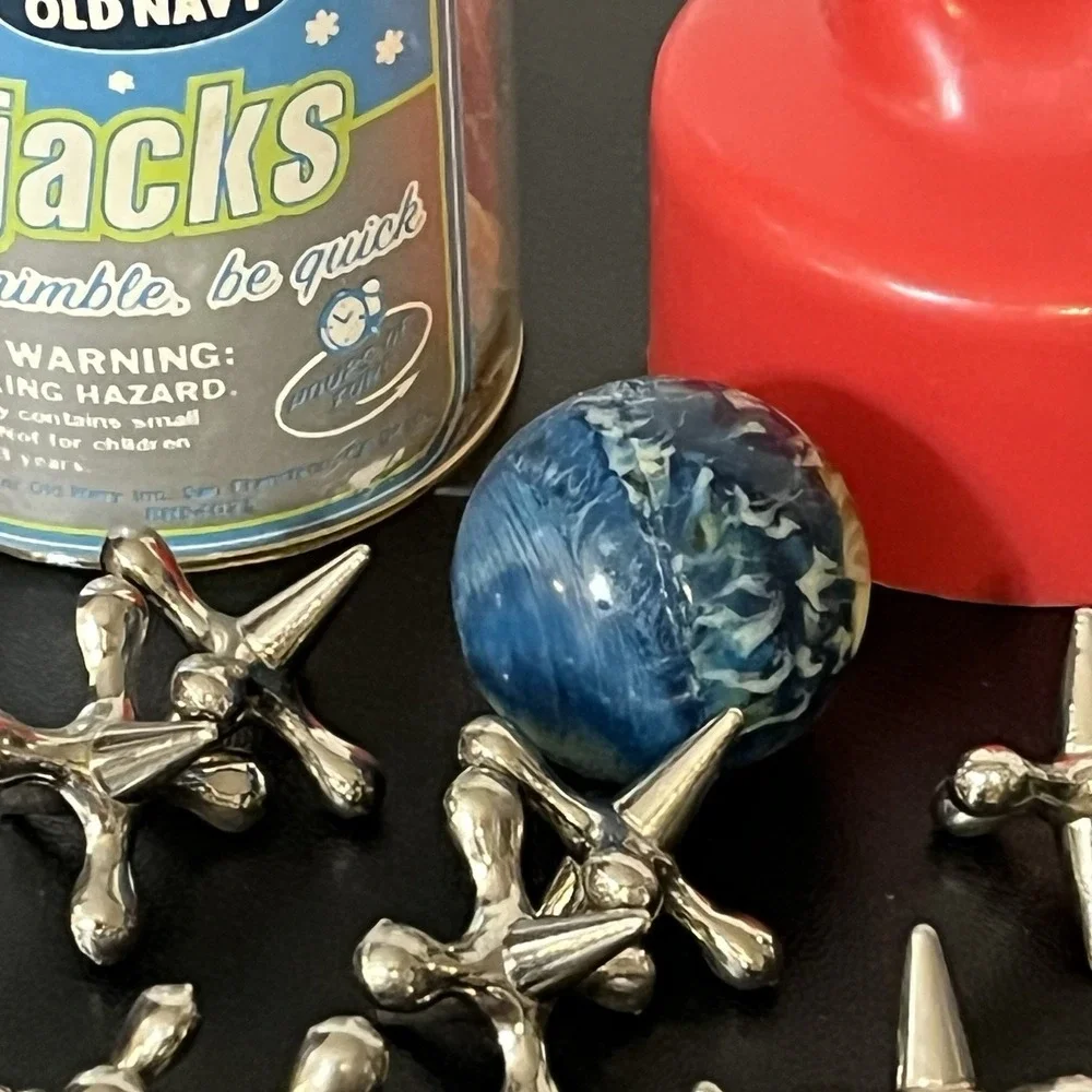Vintage Old Navy Jacks Case Metal Jacks Blue Marbled Ball Game Advertisement